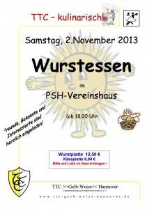 TTC – kulinarisch! – Wurstessen am Samstag, den 2. November 2013